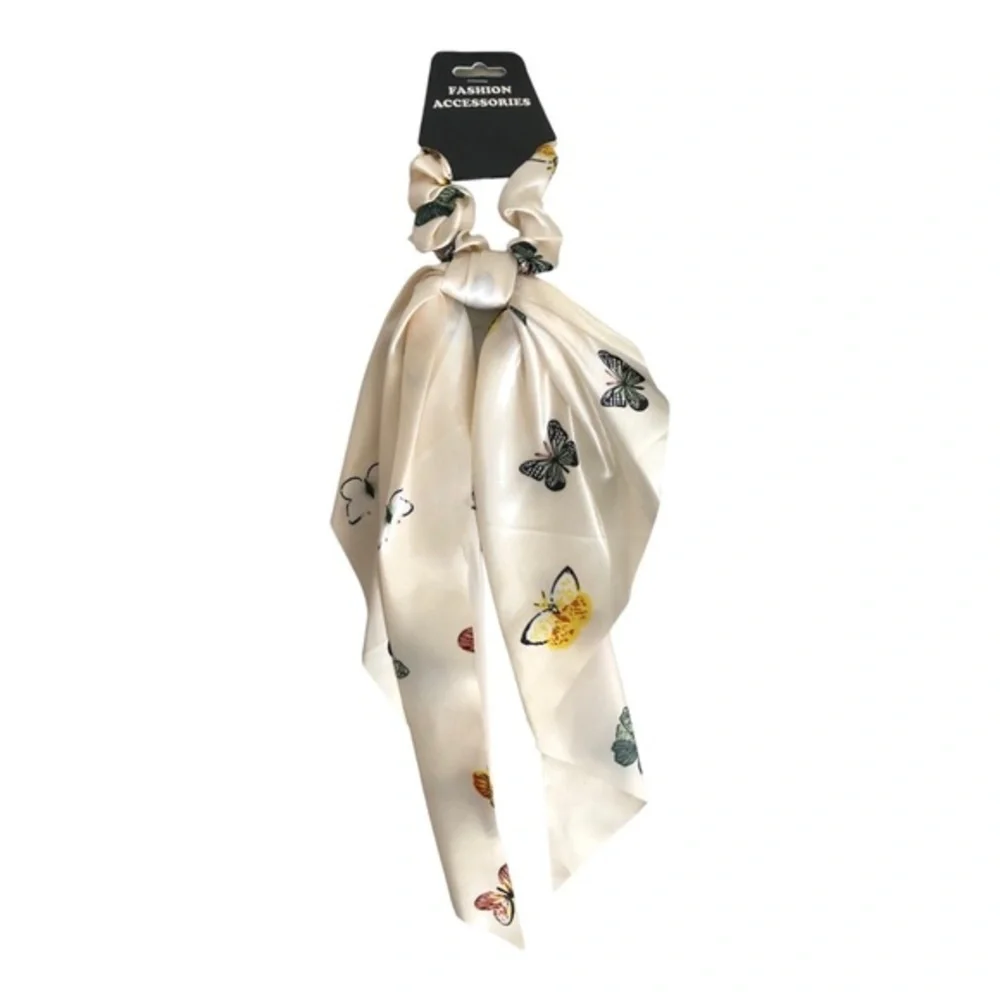 4 Butterfly print satin look black, pink, blue‎ ivory hair scrunchie scarves new